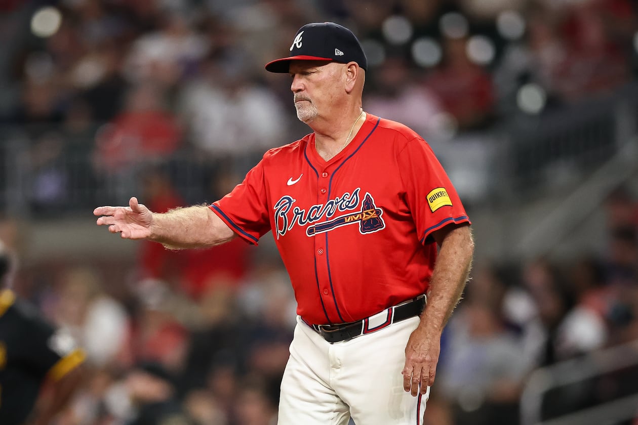 Recently retired Atlanta Braves manager Brian Snitker was shown on the video board during the Falcons' Monday Night Football game against the Bills and was received warmly by fans. (Colin Hubbard/AP)