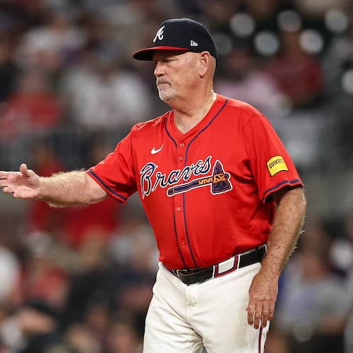 Recently retired Atlanta Braves manager Brian Snitker was shown on the video board during the Falcons' Monday Night Football game against the Bills and was received warmly by fans. (Colin Hubbard/AP)