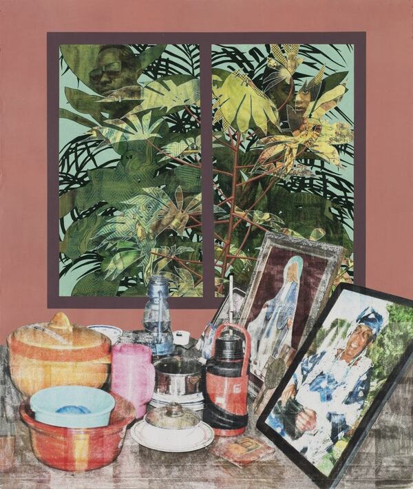 'Grandmother's Parlour' (2016) by Njideka Akunyili Crosby; acrylic, photographic transfers, and colored pencil on paper.