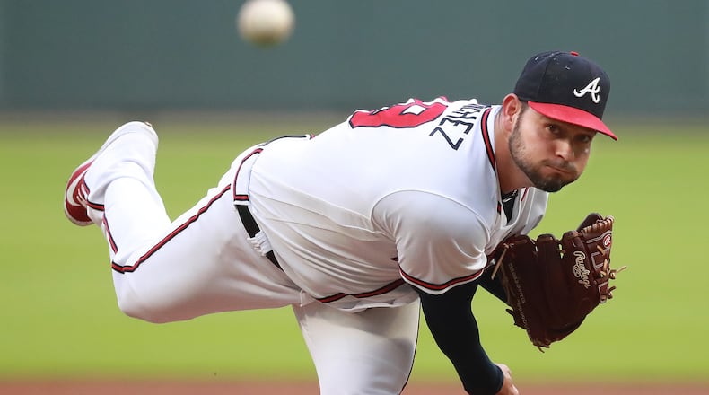 Atlanta Braves Anibal Sanchez delivers a pitch against the Miami Marlins during the first inning in a MLB baseball game on Tuesday, August 14, 2018, in Atlanta.  Curtis Compton/ccompton@ajc.com