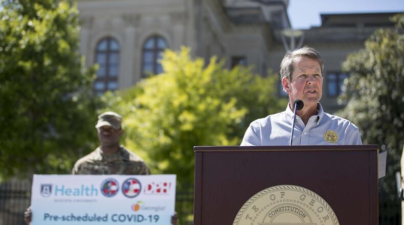 Georgia Gov. Brian Kemp speaks during a press conference at Liberty Plaza, across the street from the state Capitol building in Atlanta on Monday, April 20, 2020. Kemp revealed that he planned to allow some small businesses to open back up by the end of the week. (ALYSSA POINTER / Alyssa.Pointer@AJC.com)