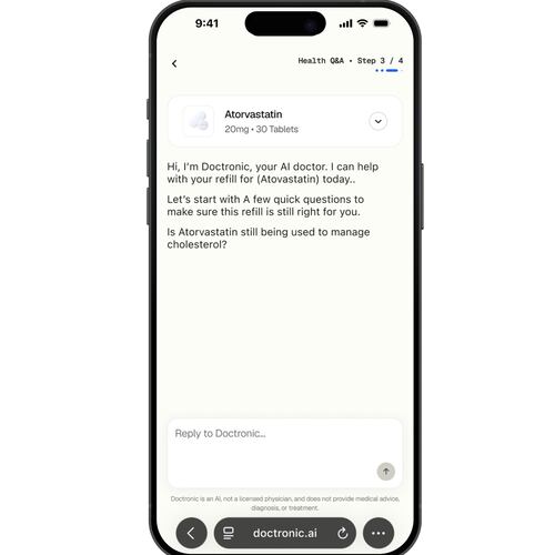 This illustration provided by Doctronic depicts the process for refilling prescriptions online with an AI chatbot on a smartphone. (Doctronic via AP)