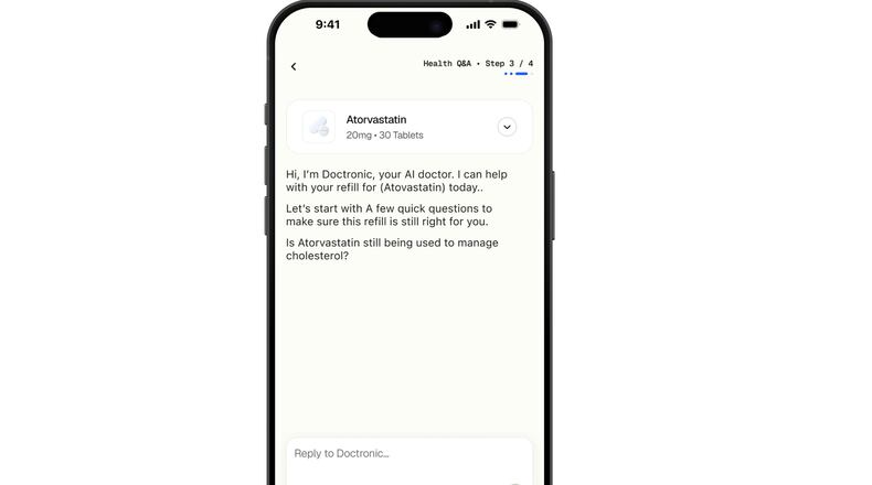 This illustration provided by Doctronic depicts the process for refilling prescriptions online with an AI chatbot on a smartphone. (Doctronic via AP)