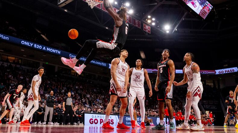 Georgia Bulldogs center Somto Cyril (6) dunks against the South Carolina Gamecocks during the first half of the NCAA College Basketball matchup at Colonial Life Arena in Columbia, SC. (Scott Kinser/CSM) (Credit Image: © Scott Kinser/Cal Sport Media) (Cal Sport Media via AP Images)