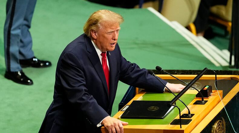 President Donald Trump speaks at the United Nations General Assembly (UNGA) at the UN headquarters on Tuesday, Sept. 22, 2026. (Justin Tang/The Canadian Press via AP)