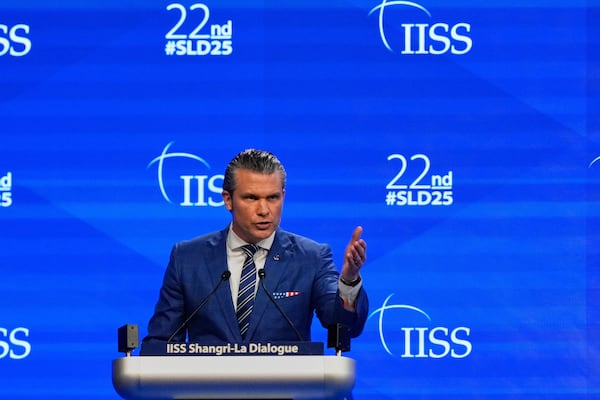 U.S. Defense Secretary Pete Hegseth delivers his speech during 22nd Shangri-La Dialogue summit in Singapore, Saturday, May 31, 2025. (AP Photo/Anupam Nath)