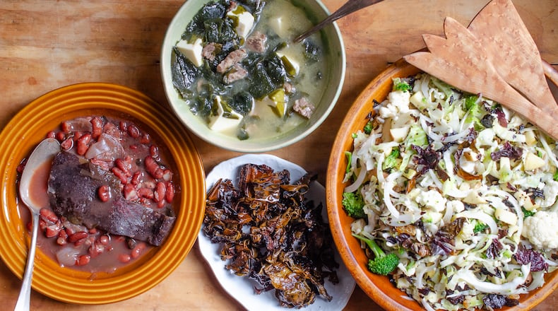 Add seaweed to your recipe repertoire with easy, flavorful recipes. Clockwise, from left: Kombu Beans, Miyeok Soup with Beef and Tofu, Winter Slaw with Dulse Bacon Bits and a plate of Dulse Bacon. (Virginia Willis for The Atlanta Journal-Constitution)