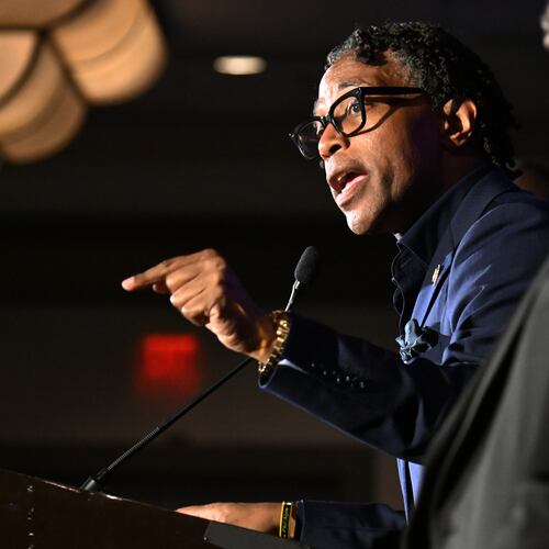 U.S. Rep. Wesley Bell, D-Mo., speaks during a primary election night watch party after winning the Democratic nomination Tuesday, Aug. 4, 2026, in St. Louis. (AP Photo/Michael Thomas)