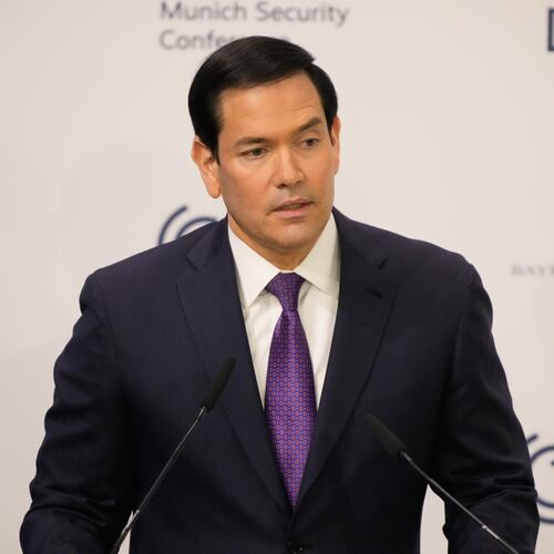 U.S. Secretary of State Marco Rubio speaks at the Munich Security Conference in Munich, Germany, Saturday, Feb. 14, 2026. (AP Photo/Alex Brandon, Pool)