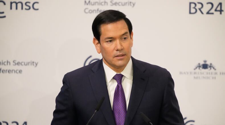U.S. Secretary of State Marco Rubio speaks at the Munich Security Conference in Munich, Germany, Saturday, Feb. 14, 2026. (AP Photo/Alex Brandon, Pool)