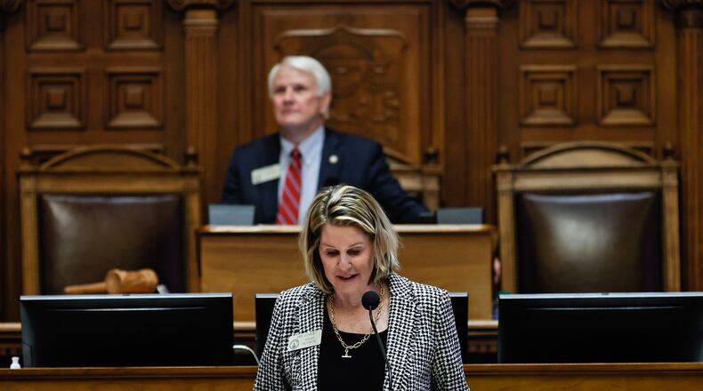 State House Speaker Pro Tem Jan Jones, a Republican from Milton, sponsored House Bill 1010, which would provide six weeks of paid parental leave to state workers. Gov. Brian Kemp signed the bill into law on Wednesday. (Natrice Miller/The Atlanta Journal-Constitution/TNS)