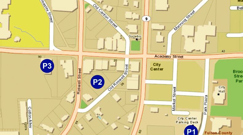 Map depicts Alpharetta’s three downtown parking decks: P1, the existing deck in City Center, and P2 and P3, to be constructed at an estimated cost of $8 million west of Main Street. CITY OF ALPHARETTA