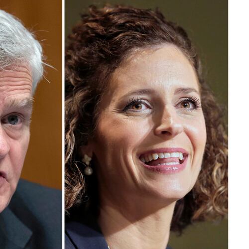 FILE - This photo combination shows Sen. Bill Cassidy, R-La., left, in Washington, Sept. 17, 2025 and Julia Letlow in Baton Rouge, La., Jan. 21, 2021. (AP Photo/Jose Luis Magana, Brett Duke, File)