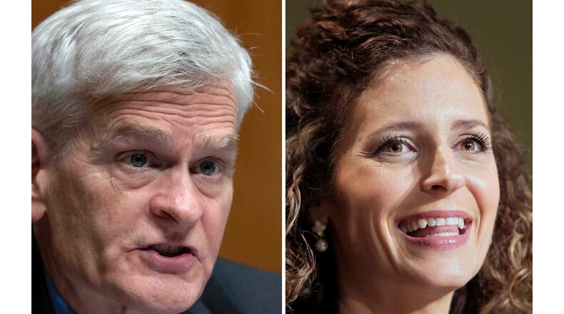 FILE - This photo combination shows Sen. Bill Cassidy, R-La., left, in Washington, Sept. 17, 2025 and Julia Letlow in Baton Rouge, La., Jan. 21, 2021. (AP Photo/Jose Luis Magana, Brett Duke, File)