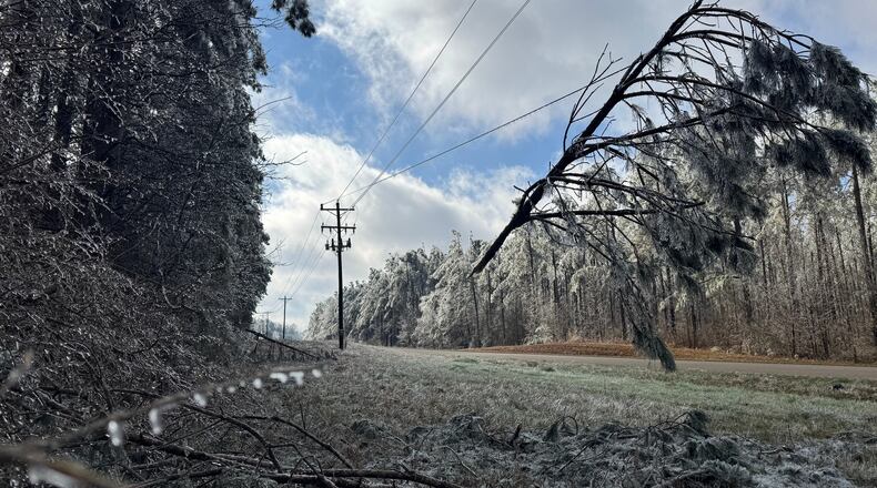 A tree limb dangles from a power line near Lexington, Miss., Tuesday, Jan. 27, 2026. (AP Photo/Sophie Bates)