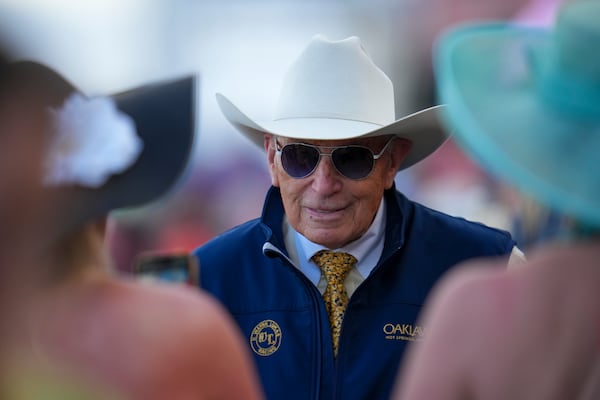 FILE - American Promise trainer D. Wayne Lukas looks on prior to the 150th running of the Preakness Stakes horse race, May 17, 2025, at Pimlico Race Course in Baltimore. (AP Photo/Julio Cortez)