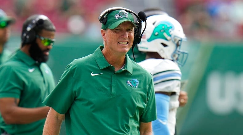 Tulane head coach Willie Fritz against South Florida during the first half of an NCAA college football game Saturday, Oct. 15, 2022, in Tampa, Fla. (AP Photo/Chris O'Meara)