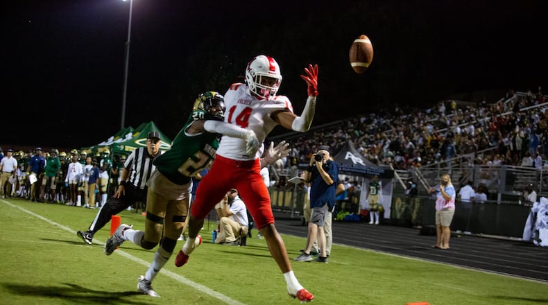 Archer's Frank Osario (14) fails to catch a pass during a GHSA high school football game between Grayson High School and Archer High School at Grayson High School in Loganville, GA., on Friday, Sept. 10, 2021. (Photo/Jenn Finch)