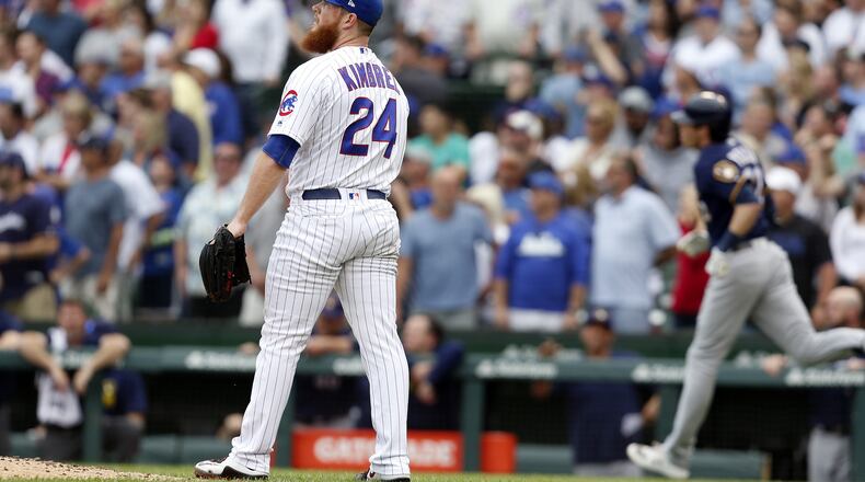 Craig Kimbrel #24 of the Chicago Cubs reacts after giving up a three run home run to Christian Yelich #22 of the Milwaukee Brewers during the ninth inning of a game at Wrigley Field on September 01, 2019 in Chicago, Illinois. (Photo by Nuccio DiNuzzo/Getty Images)