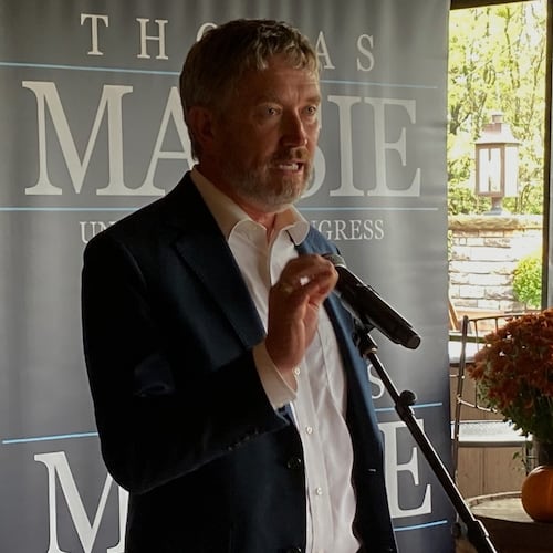 Republican U.S. Rep. Thomas Massie speaks to a crowd gathered in Shelbyville, Ky., on Thursday, Sept. 25, 2025. (AP Photo/Bruce Schreiner)