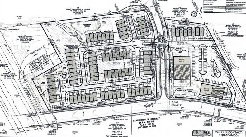 The Lilburn City Council recently approved a rezoning of about 11.5 acres at 5125 and 5175 Lawrenceville Highway that will allow for the development of 90 attached townhomes and 23,800+ square feet of retail and restaurant space on the site. (Courtesy City of Lilburn)