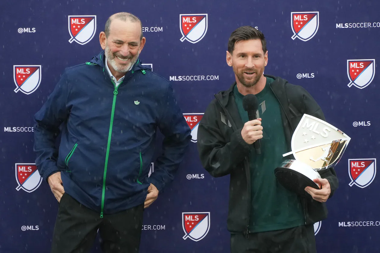 Inter Miami forward Lionel Messi speaks after receiving the MLS MVP Award from MLS Commissioner Don Garber, left, Tuesday, Dec. 9, 2025, in Fort Lauderdale, Fla. (Marta Lavandie/AP)