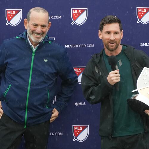 Inter Miami forward Lionel Messi speaks after receiving the MLS MVP Award from MLS Commissioner Don Garber, left, Tuesday, Dec. 9, 2025, in Fort Lauderdale, Fla. (Marta Lavandie/AP)