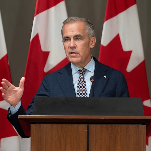 Prime Minister Mark Carney addresses caucus in Ottawa, Friday, Sept. 18, 2026. (Adrian Wyld/The Canadian Press via AP)