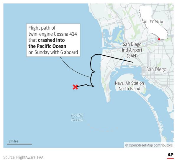 A small plane crashed into the Pacific on Sunday shortly after takeoff from a San Diego airport. (AP Graphic)