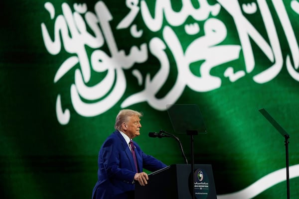 President Donald Trump speaks at the Saudi-U.S. Investment Forum at the King Abdulaziz International Conference Center in Riyadh, Saudi Arabia, Tuesday, May 13, 2025. (AP Photo/Alex Brandon)