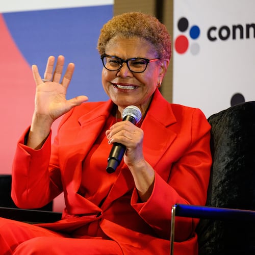 Los Angeles Mayor Karen Bass speaks at the Connect Los Angeles Conference on Thursday, May 28, 2026, in Los Angeles. (AP Photo/William Liang)