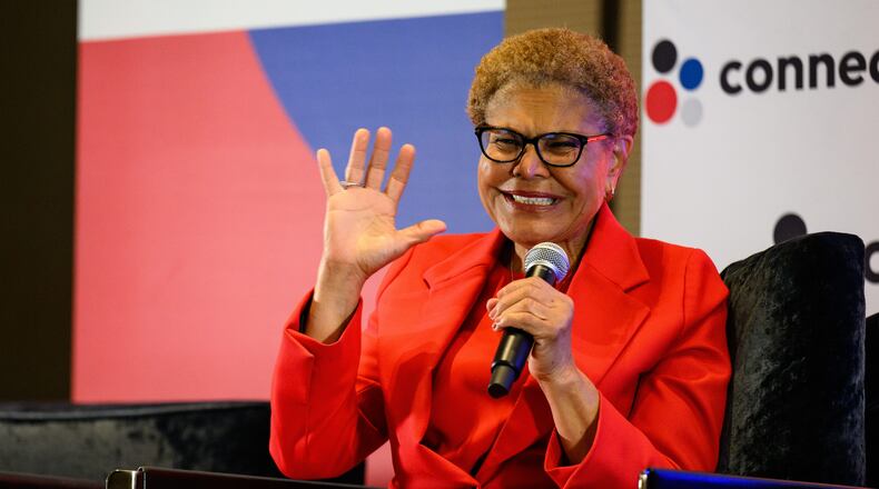 Los Angeles Mayor Karen Bass speaks at the Connect Los Angeles Conference on Thursday, May 28, 2026, in Los Angeles. (AP Photo/William Liang)