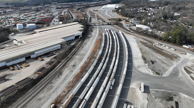Aerial photograph shows Tilford Yard where Edged Atlanta’s Tilford Yard location will be located, Friday, December 5, 2024, in Atlanta. Edged Atlanta at Tilford Yard: 1968 Marietta St. NW, Atlanta. (Hyosub Shin / Hyosub.Shin@ajc.com)