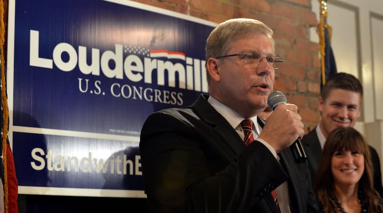 Barry Loudermilk thanks his supporters after defeating Bob Barr in the 11th Congressional District runoff in 2014.BRANT SANDERLIN /BSANDERLIN@AJC.COM . U.S. Rep. Barry Loudermilk, R-Cassville, shown during a campaign stop. AJC file