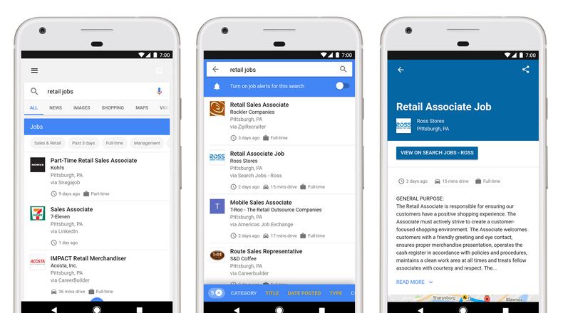 A screenshot of Google for Jobs, the company’s new job search tool for American job seekers and recruiters.
