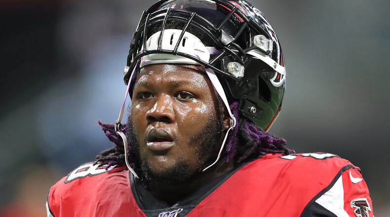 Falcons' Jamon Brown prepares to play the Philadelphia Eagles. Curtis Compton/ccompton@ajc.com