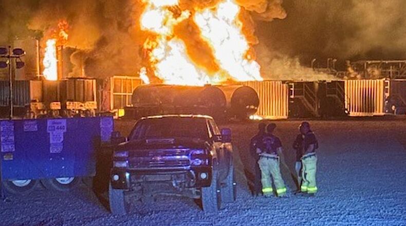This photo provided by the Nacogdoches County Sheriff's Office shows a fire burning at a H&P drilling company well Monday, April 20, 2026, about 20 miles away from Nacogdoches, Texas. (Nacogdoches County Sheriff's Office via AP)