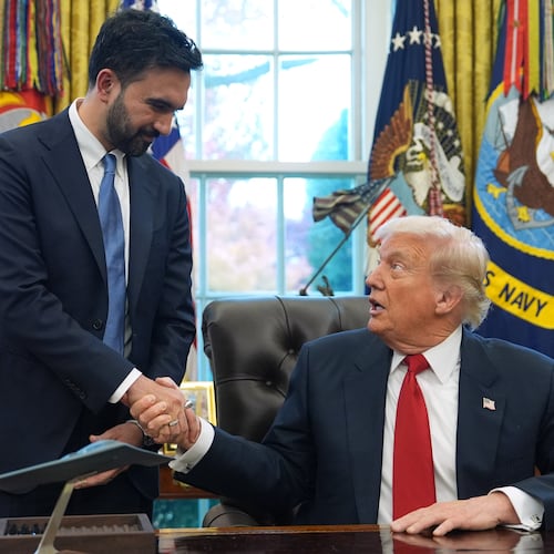 President Donald Trump shakes hands with New York City Mayor-elect Zohran Mamdani in the Oval Office of the White House, Friday, Nov. 21, 2025, in Washington. (AP Photo/Evan Vucci)