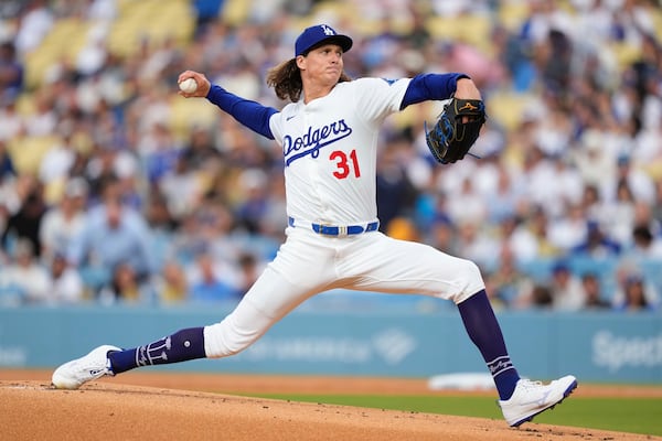 Los Angeles Dodgers starting pitcher Tyler Glasnow throws to the plate during the first inning of a baseball game against the Milwaukee Brewers, Friday, July 18, 2025, in Los Angeles. (AP Photo/Mark J. Terrill)