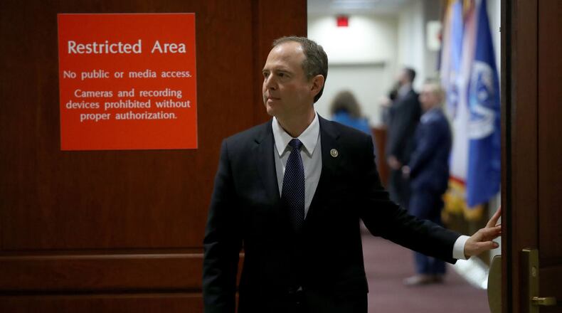WASHINGTON, DC - FEBRUARY 05: Rep. Adam Schiff (D-CA), ranking member of the House Permanent Select Committee on Intelligence, leaves a committee meeting at the U.S. Capitol February 5, 2018 in Washington, DC. The House Permanent Select Committee on Intelligence voted to release the Democratic rebuttal of a memo released last week by their Republican counterparts relating to the committee's investigation of Russian influence in the 2016 U.S. presidential election. (Photo by Win McNamee/Getty Images)
