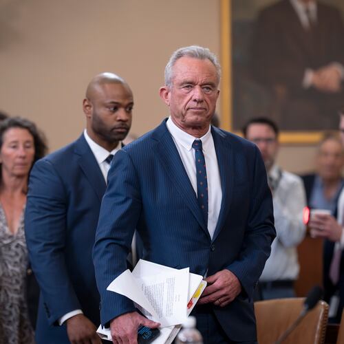Robert F. Kennedy Jr., secretary of the Health and Human Services Department, arrives to testify before the House Ways and Means Committee about his agency's goals and budget, at the Capitol in Washington, Thursday, April 16, 2026. (AP Photo/J. Scott Applewhite)