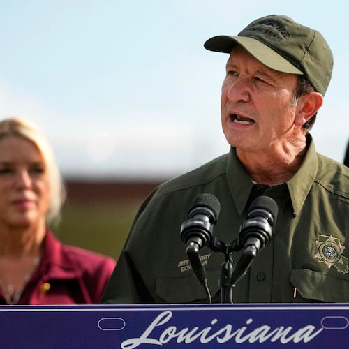 FILE - Louisiana Gov. Jeff Landry speaks to reporters at the Louisiana State Penitentiary in Angola, La., Sept. 3, 2025. (AP Photo/Gerald Herbert, File)