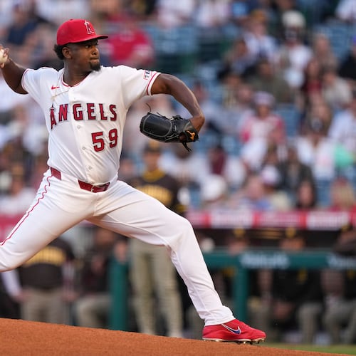 Los Angeles Angels pitcher José Soriano throws to the plate during the first inning of a baseball game against the San Diego Padres, Friday, April 17, 2026, in Anaheim, Calif. (AP Photo/Mark J. Terrill)