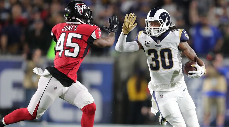 January 6, 2018 Los Angeles: Falcons linebacker Deion Jones runs down Rams running back Todd Gurley during the first quarter in their NFL Wild Card Game on Saturday, January 6, 2018, in Los Angeles. Curtis Compton/ccompton@ajc.com