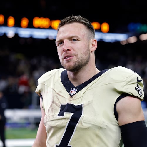 FILE - New Orleans Saints quarterback Taysom Hill (7) reacts after an NFL football game against the New York Jets, Sunday, Dec. 21, 2025, in New Orleans. (AP Photo/Tyler Kaufman, File)