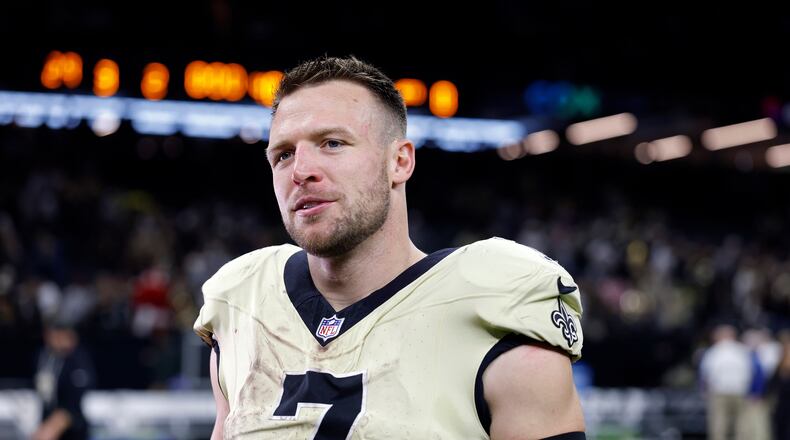 FILE - New Orleans Saints quarterback Taysom Hill (7) reacts after an NFL football game against the New York Jets, Sunday, Dec. 21, 2025, in New Orleans. (AP Photo/Tyler Kaufman, File)