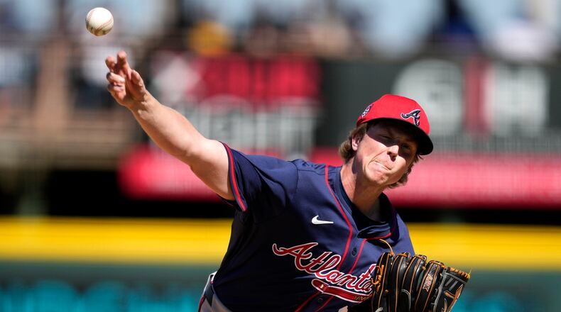 Atlanta Braves relief pitcher Owen Murphy throws during the third inning of a spring training baseball game against the Pittsburgh Pirates Tuesday, Feb. 27, 2024, in Bradenton, Fla. (Charlie Neibergall/AP)