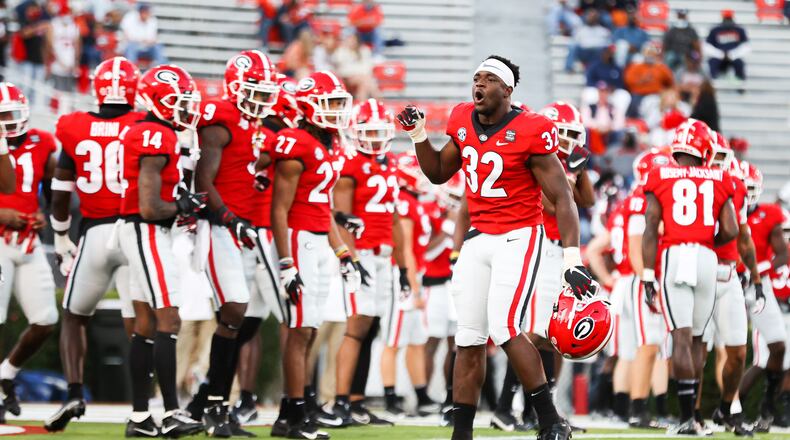 Georgia inside linebacker Monty Rice (32) during a game against Auburn on Dooley Field at Sanford Stadium in Athens on Saturday, Oct. 3, 2020. Rice is one of several Georgia seniors who have elected to opt-out for a bowl game this year. (Photo by Tony Walsh)