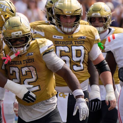 Georgia Tech running back Justice Haynes (22) celebrates his touchdown against Mercer in the first half of an NCAA college football game, Saturday, Sept. 19, 2026, in Atlanta. (AP Photo/Mike Stewart)