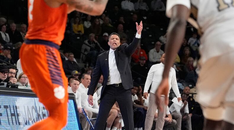 Georgia Tech's head coach Damon Stoudamire gestures during the second half of an NCAA college basketball game against Clemson, Saturday, Jan. 24, 2026, in Atlanta. (Brynn Anderson/AP)